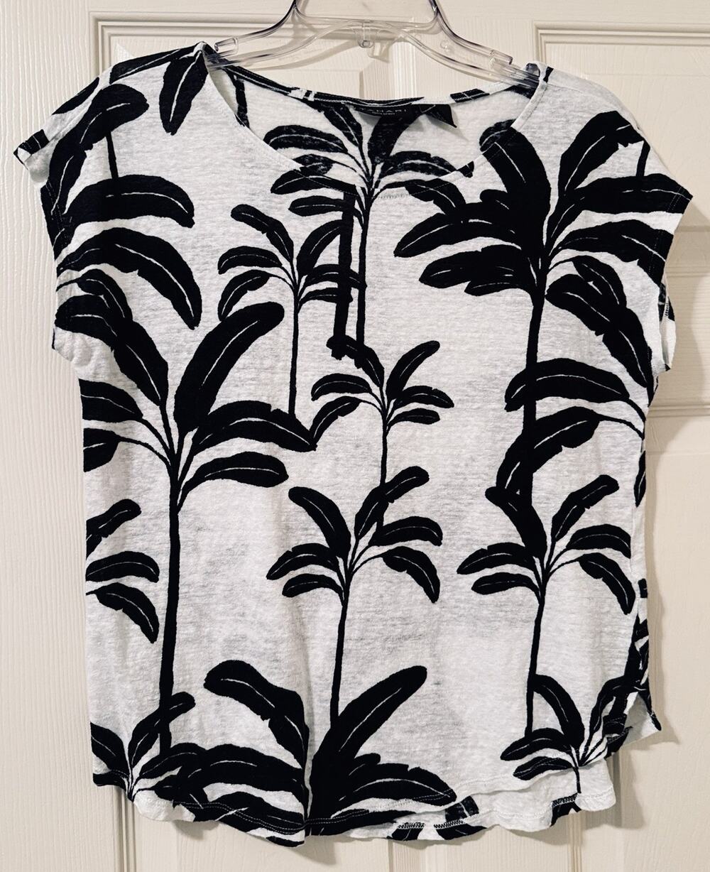 Tahari Womens L 100% Linen Tropical Top Black White‎ Leaf Print Shirt